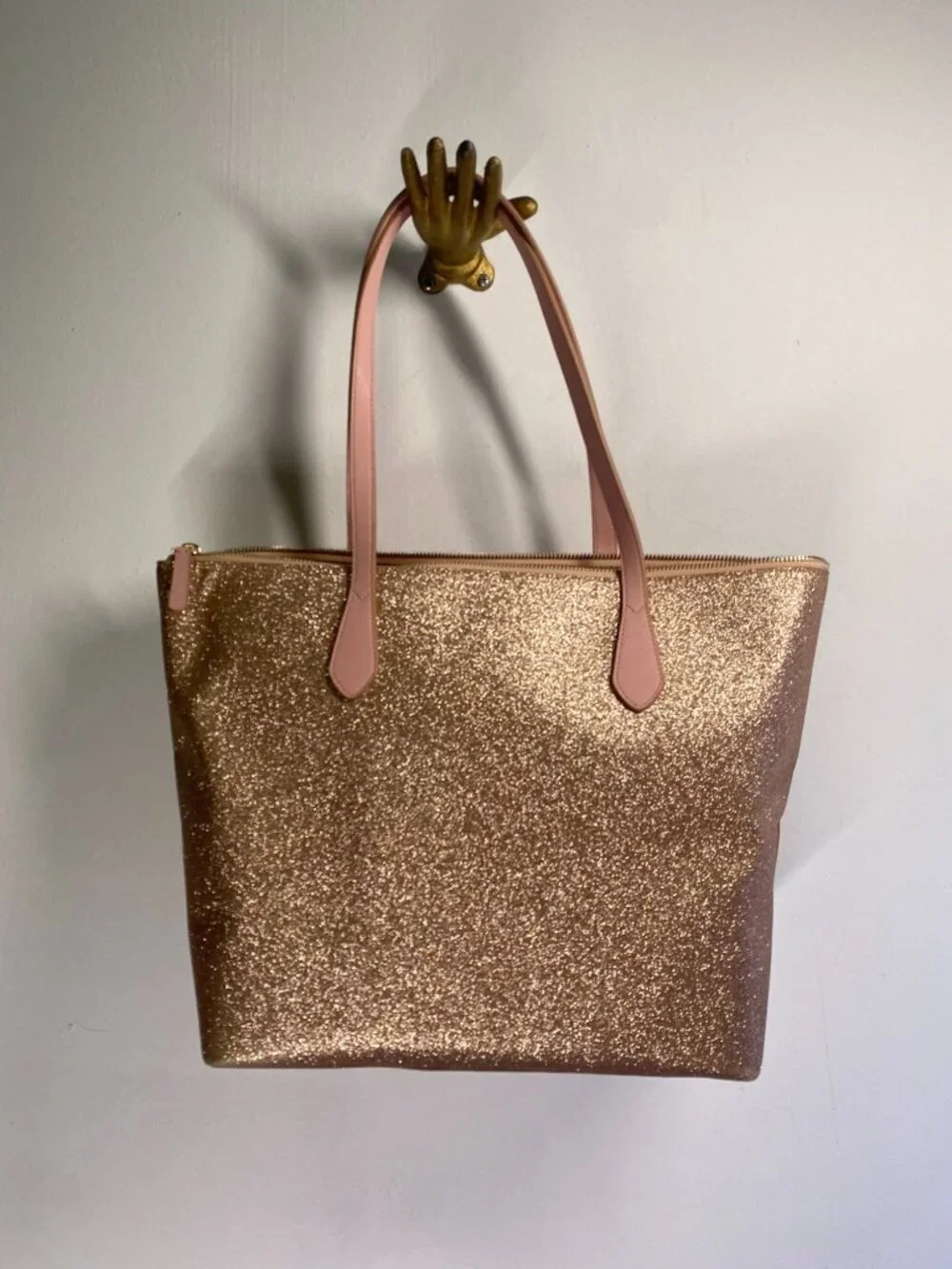 Kate Spade New York Rose Pink Glitter Tote With Pink Handles Rose Gold